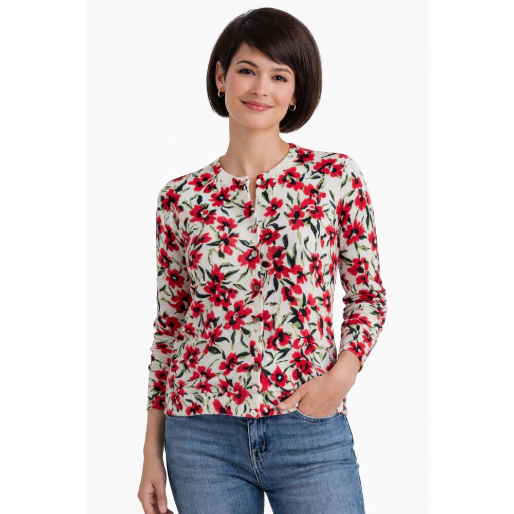 Land’s End Size M/P Red Poppy Floral Button Front Cardigan 100% SUPIMA Cotton #1